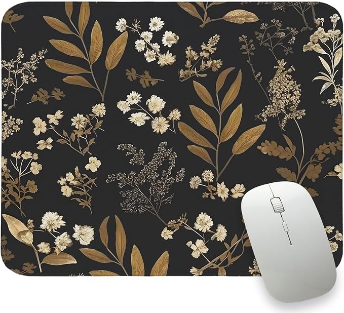 Floral Mouse Pad, Deep Balck Small Mouse Pads,Plants Mouse Pads for Laptop Desk, Flower Mousepad for Computers Aesthetic, Botanical Computer Mouse Pad Desk Mat for Women 11.8x9.8