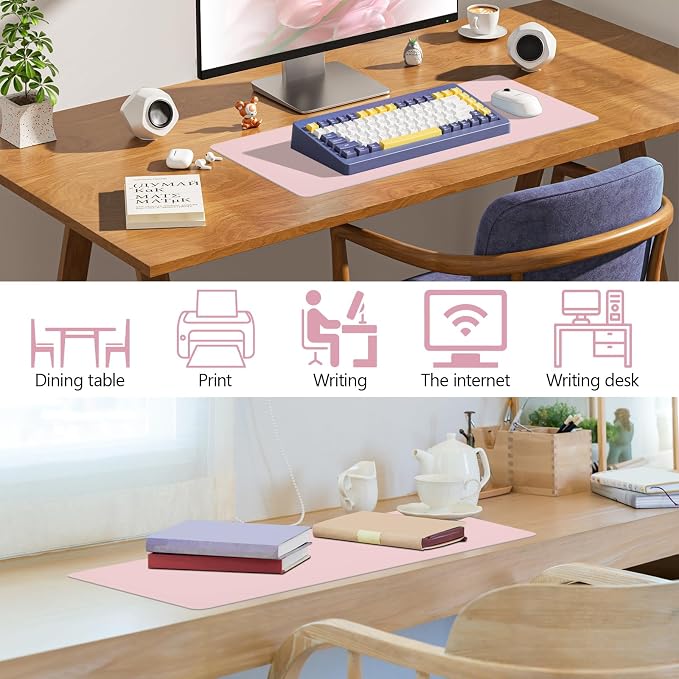 Pink Leather Desk Pad Large Mouse Pad, 23.6"x13.8" | Waterproof Desk Mat for Keyboard and Mouse, Non-Slip Computer Desk Protector, Smooth Mouse Control for Home Office