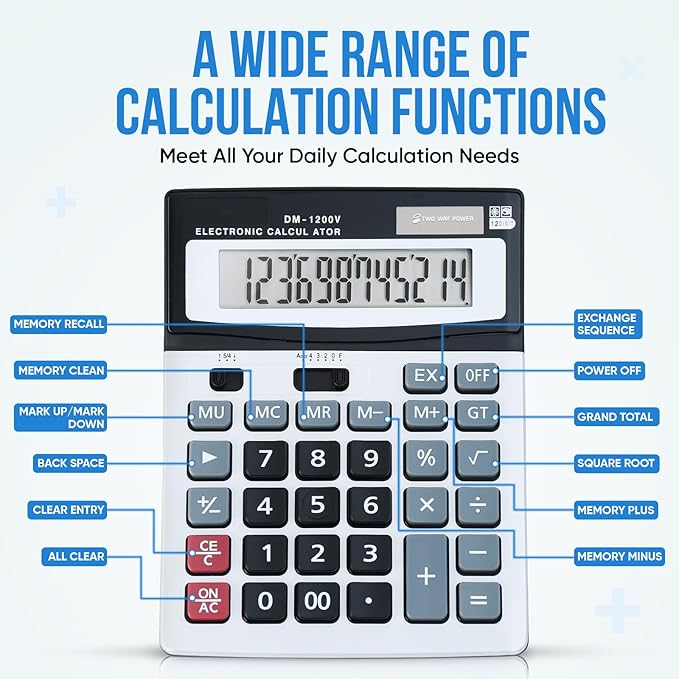 12-Digit Desktop Calculator with Large Screen and Big Buttons, Solar/Battery Dual Power for Office, Home, School and Business Use