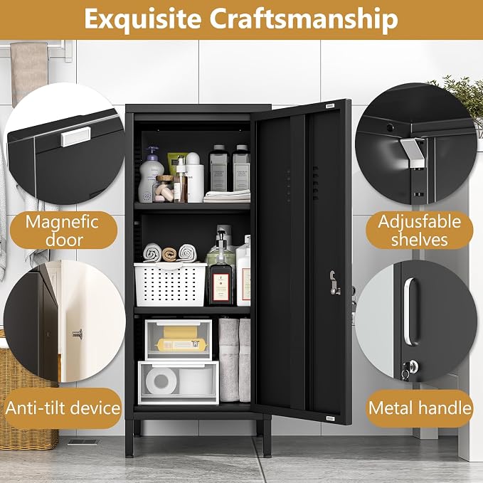 Metal Storage Locker,35.4" H Home Office Storage Lockers for Employees with 1 Locking Door ＆ 2 Adjustable Shelves,File Storage Cabinets forGarage, School, Office, Gym (Black)