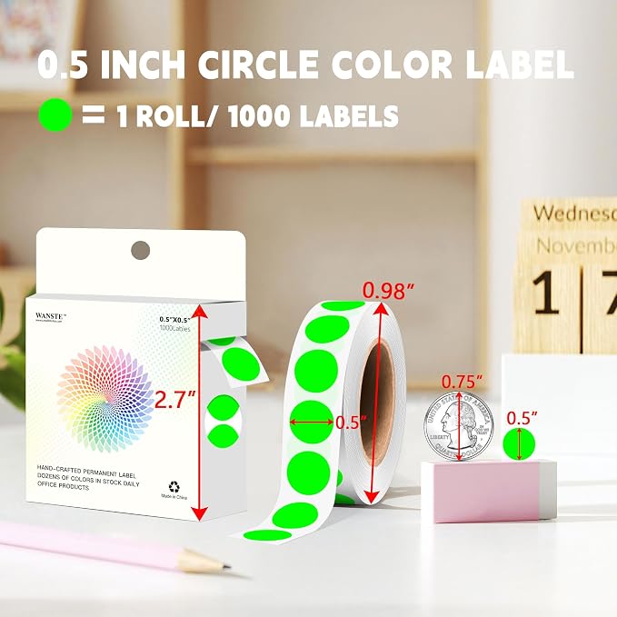 1000 PCS Colored Dot Stickers 1/2" Round Circle Colored Coding Labels Dot Stickers for Toddlers,Classroom,Office (Fluorescent Green)