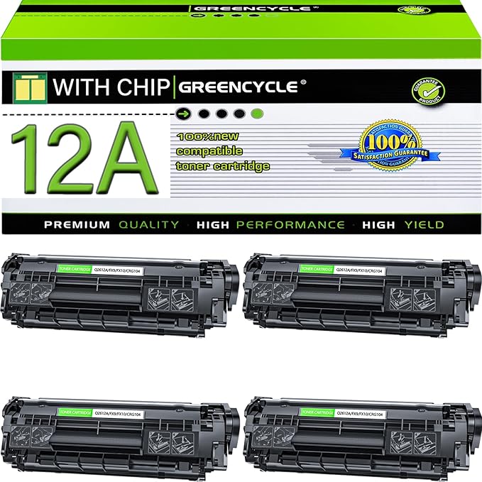 greencycle 12A Toner Cartridge Replacement Compatible for HP 12A Q2612A (Black) LaserJet 1020 1010 1012 1018 1022 1022N 3015 3030 3052 3055 M1005 M1319F Printer (Black, 4-Pack)