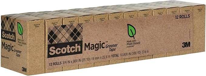 Scotch Magic Greener Tape, Invisible Tape for Fixing Paper, Office Supplies and Back to School Supplies, 0.75 in .x 900 in., 12 Rolls