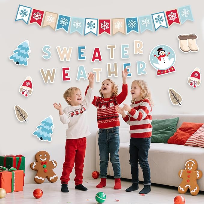 95Pcs Winter Bulletin Board Decoration Set Christmas Sweater Weather Classroom Decoration Kit Snowmen Snowflake Border DIY Photo for Home School Office Wall Door (Sweater)