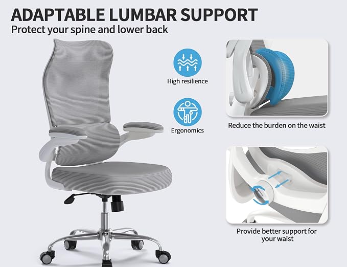 TRALT Office Chair Ergonomic Desk Chair - Gaming Chair with Lumbar Support | 330 LBS Home Office Desk Chairs , Reading Chair with Flip-up Armrests, Comfortable Computer Chairs (1, Grey)