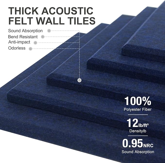 Felt Wall Tiles Bulletin Board Large Cork Board Alternative 6 Pack 11.81”x11.81”x0.47” Felt Pin Board Tack Board with Safe Removable Adhesive Tabs for Home Office School 36x24 (Dark Blue)