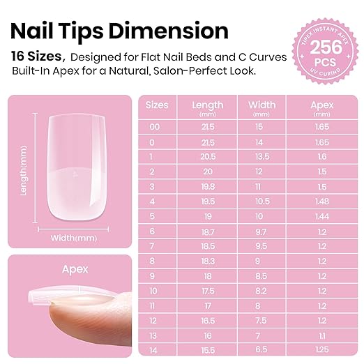 Beetles Tipex Lite Pre-Built Apex Gel Nail Tips, Square Short, 256pcs Value Pack, 16 Sizes, Flat-Nail Friendly Acrylic Tips for Natural Nail Beds, Easy for Beginner DIY