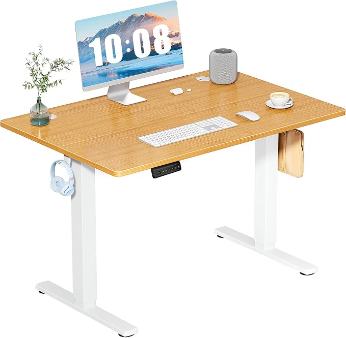 DUMOS 40 Inch Electric Standing Desk, Memory Adjustable Home Office Desk | Sit Stand Up Desk for Work Home Office,Adjustable Desk, Rising Computer Table with Splice Board,Cable Management,Hook,Oak