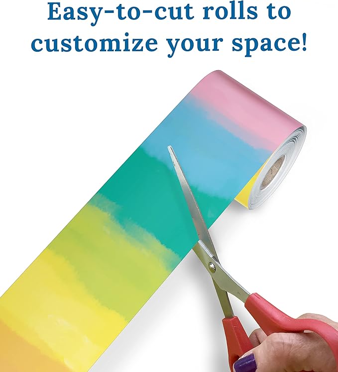 Carson Dellosa Creatively Inspired 65Ft of Watercolor Rainbow Bulletin Board Borders, 1 Roll of Colorful Trim for Rolling Whiteboard, Cork and Posterboard, Party Decorations, and Classroom Decor