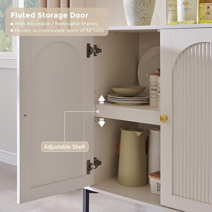 IFGET 92.63" W Modern Arched Sideboard Buffet Cabinet with Storage, White | Fluted Arch Sideboard Cabinet w/Adjustable Shelves, Wooden Modular Kitchen Cabinet for Dining& Living Room, Entryway