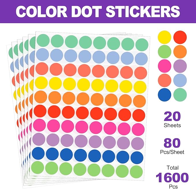 1600Pcs 3/4 inch Colored Dot Stickers Round Color Coding Labels Polka Circle Dot Label Sticker for Office, 10 Colors Micro-Coloring Stickers for Labels, Posters, Calendars, Set of Colored Dots