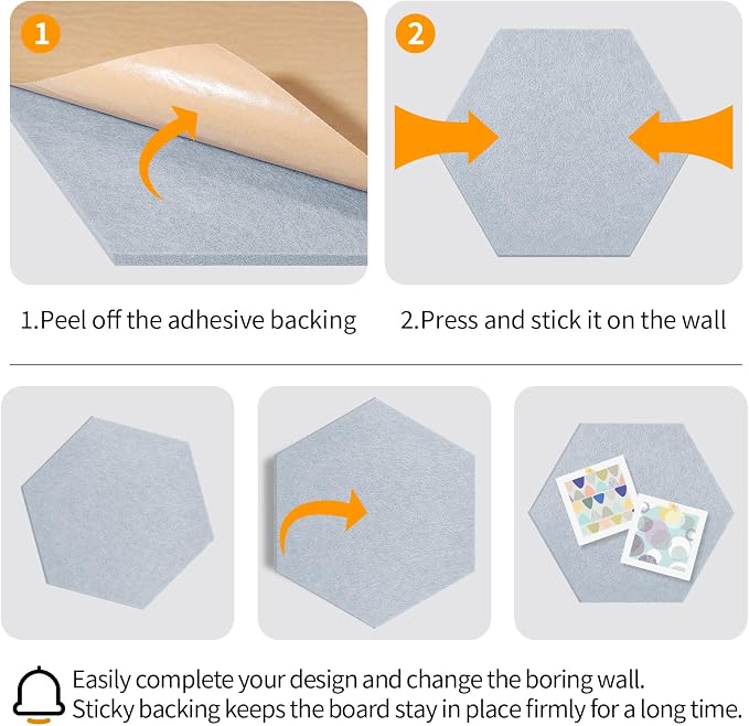 Hexagon Felt Bulletin Cork Board Tiles Peel and Stick, 10 Pack | 1300g/m² Dense Polyester Fiber, Self-adhesive, Frameless, Modern, Modular Wall Decor, 12 x 10 inch, 30 Push Pins