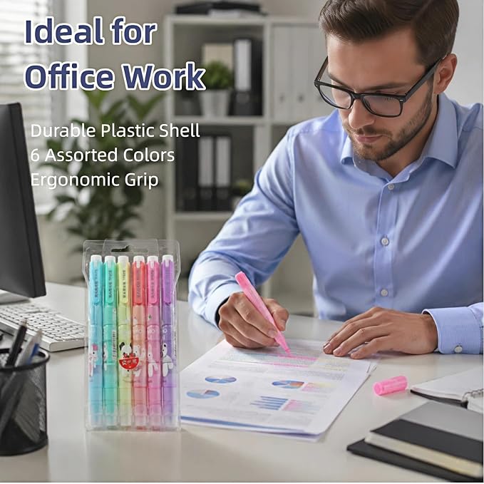Double-Ended Highlighters Set 6 Pack, Bible Safe Gel Markers, Quick Dry, 6 Bright Colors for Journaling, Note Taking, Office Supplies