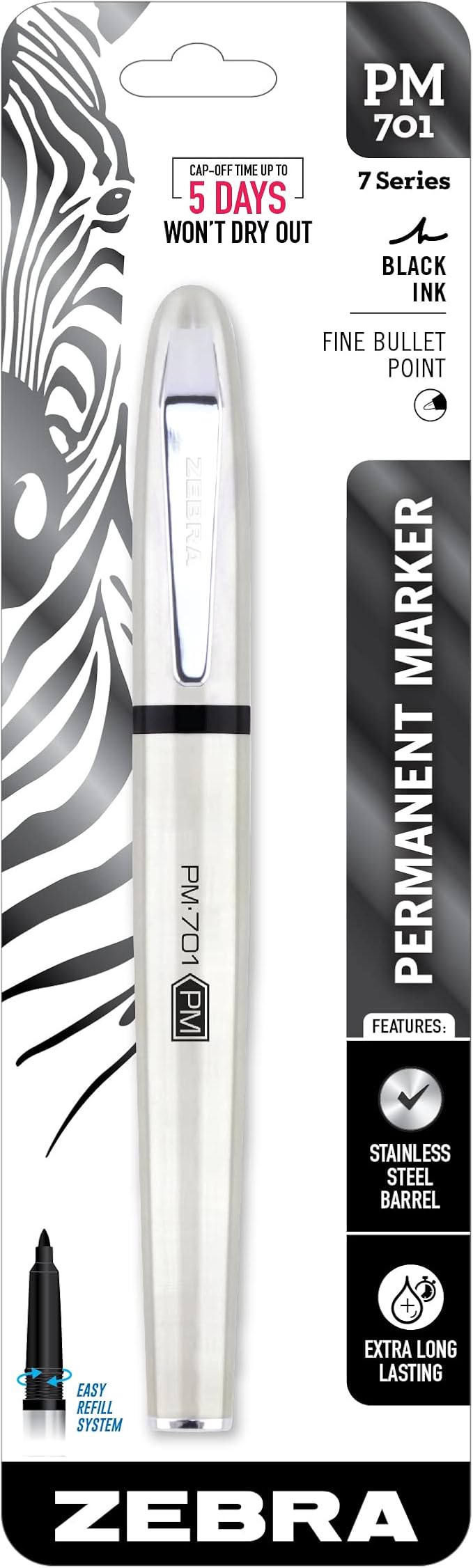 Zebra Pen, PM-701 Permanent Marker, Fine Bullet Point, Black Ink, Stainless Steel Barrel, Refillable, Cap Off Time of 120 Hours, Weighted Design with Metal Clip, 1-Pack (65111)