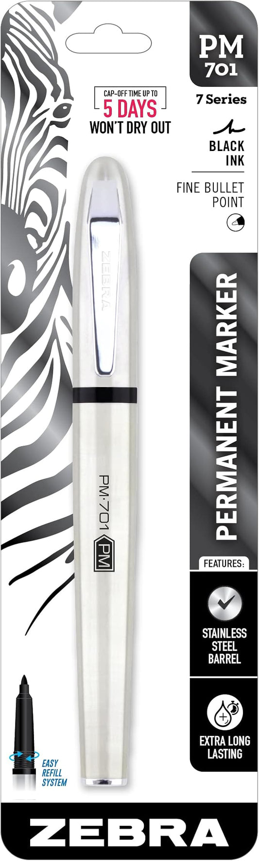 Zebra Pen, PM-701 Permanent Marker, Fine Bullet Point, Black Ink, Stainless Steel Barrel, Refillable, Cap Off Time of 120 Hours, Weighted Design with Metal Clip, 1-Pack (65111)