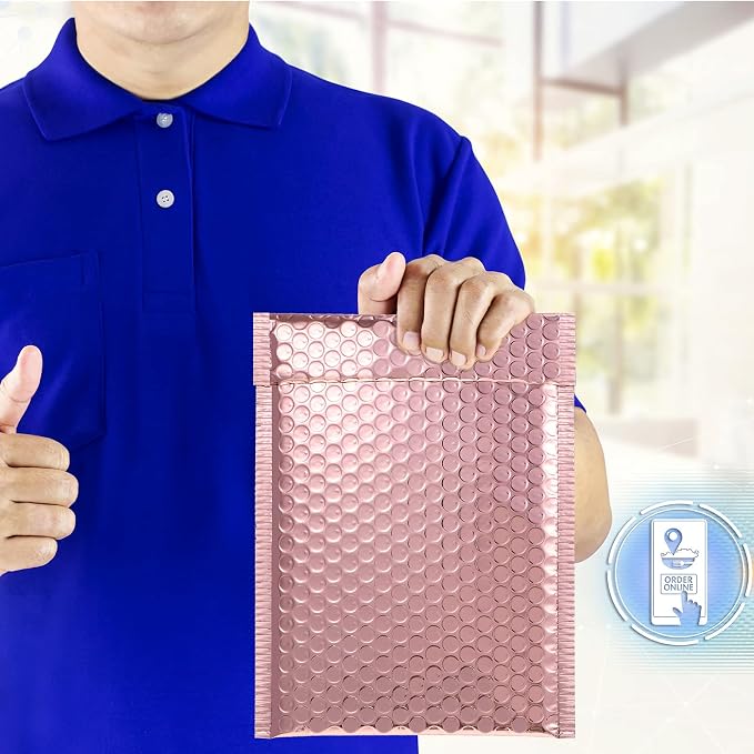50 Pieces Bubble Mailers 3 Sizes Self Seal Adhesive Poly Mailers Metallic Foil Glitter Padded Shipping Bubble Envelopes for Valentine Mailing Packing Small Business (Rose Gold)