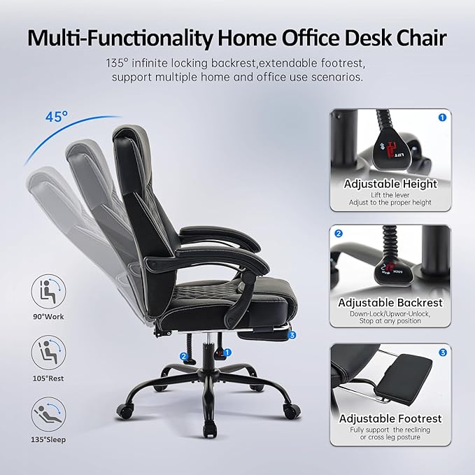 Office Chair, Big and Tall Office Chair with Foot Rest Ergonomic Chair for Home Desk, Reclining High Back Leather Chairs with Lumbar Support(Black)