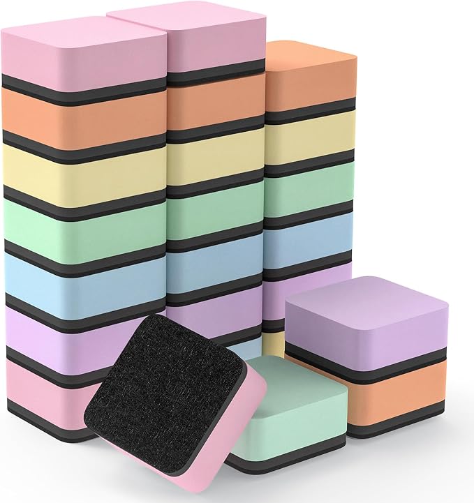 MaxGear Magnetic Dry Erase Erasers, 24 Pack Whiteboard Eraser Macaron Color | Mini Whiteboard Cleaning Pads with Strong Magnetic Backing, 2" x 2" for Classroom, School, Office and Home, Teacher Supplies