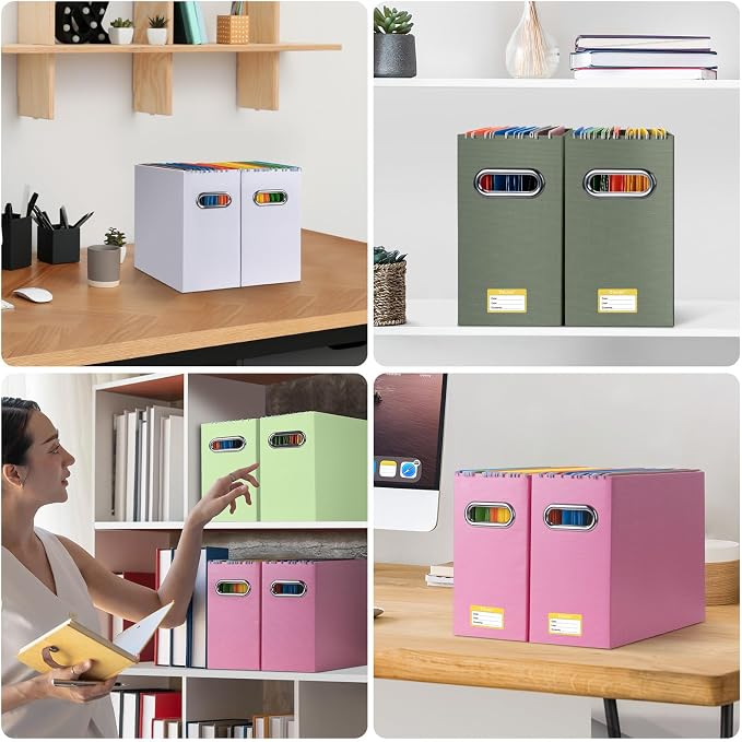 BALEINE File Organizer Box, Cardboard File Folder Organizer with Handle for Letter Size, Portable Collapsible Hanging Filing Box for Home Office Document Storage (2 Pack,Olive)