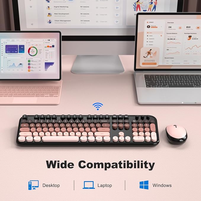MOFII Wireless Keyboard and Mouse Combo, Full Size 2.4G Retro Round Computer Keyboard and Mouse Set, Plug and Play, for Windows, Computer, Desktop, PC, Notebook - (Lovely BlackBerry Gradient)