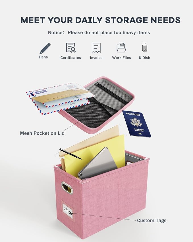 File Organizer With Lid, Hanging Filing Box With Mesh Pocket, Document Organizer for Letter Files, Portable Storage With Smooth Sliding Rail for Office & Home (2 PCS, Pink)