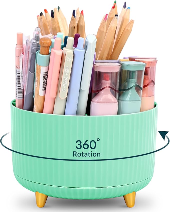 KONVINIT Pencil Pen Holder for Desk, 5 Slots 360-Degree Rotating Desktop Organizer, Cute Desk Organizers and Accessories for School, Home, Office and Art Supply, Mint Green