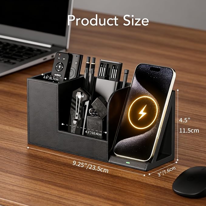 GORESE Desk Organizer with Charging Station, PU Leather Desktop Pen Holder Remote Organizers with Phone Charging Stand for Office Home Nightstand, Practical Gifts for Men Who Want Nothing, Black