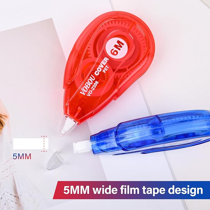 Vobou White Correction Tape, Easy To Use Applicator for Instant Corrections Wrong Writing At Any Time, For school, Office (Red and Blue, 12pack, 6M/256" x 0.2")