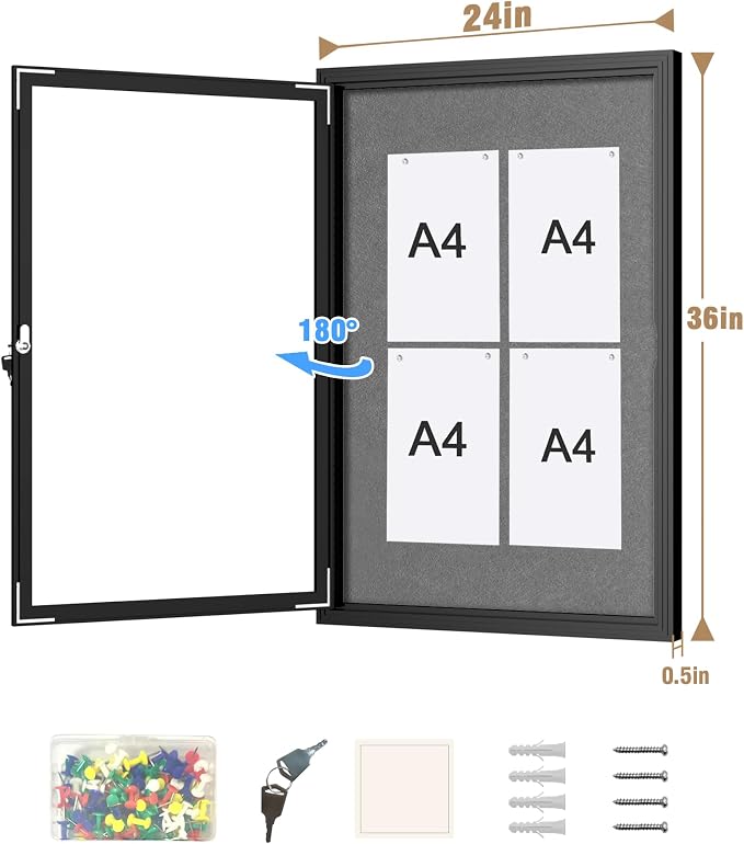 Mifuro 36"x24" Enclosed Bulletin Board, Outdoor Lockable Weather-Resistant Aluminum Cork Noticeboard for School & Office, Black Frame w/Grey Flet