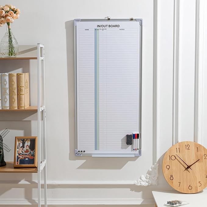in and Out Magnetic Dry-Erase Board 36 x 18 Aluminum Framed White Board with Lines 53 Names with Magnetic Dry-Erase Marker, Eraser, and 55 Magnets Wall-Mounted for Office Employee