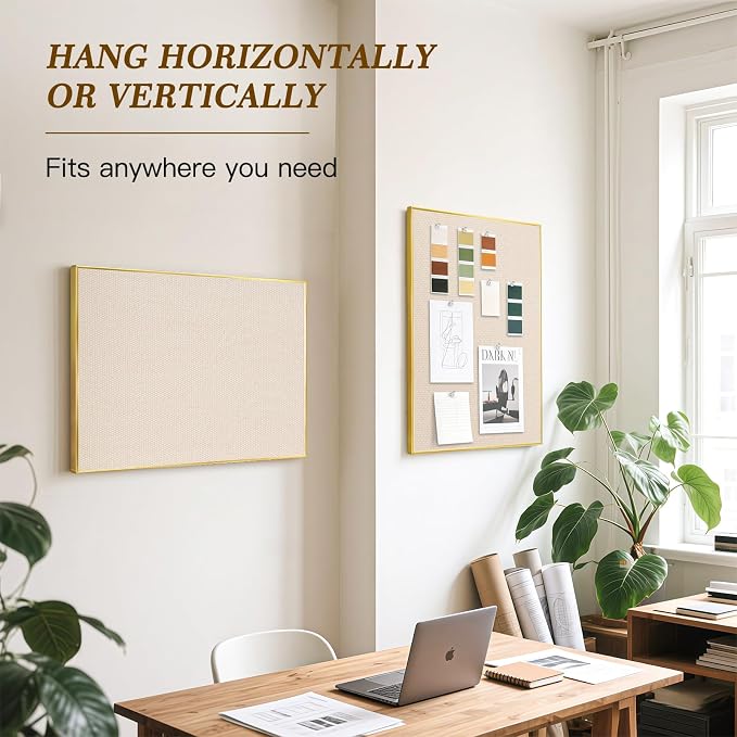 Linen Bulletin Board, 36"x24" Decorative Fabric Pin Board Vision Board | Gold Aluminum Frame, Upgraded Beige Canvas Surface, Wall Mounted, for Home Office Bedroom Dorm Wall Decor