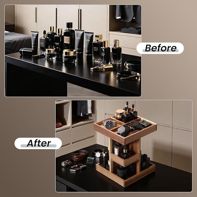 EXIN DECHEN Cologne Organizer for Men,Cologne Stand,3 Tier Wooden Perfume Shelf with Rotate,Desk Organizer,Gift for Dad From Wife,Husband Boyfriend Birthday Gift Ideas,Gifts for Men