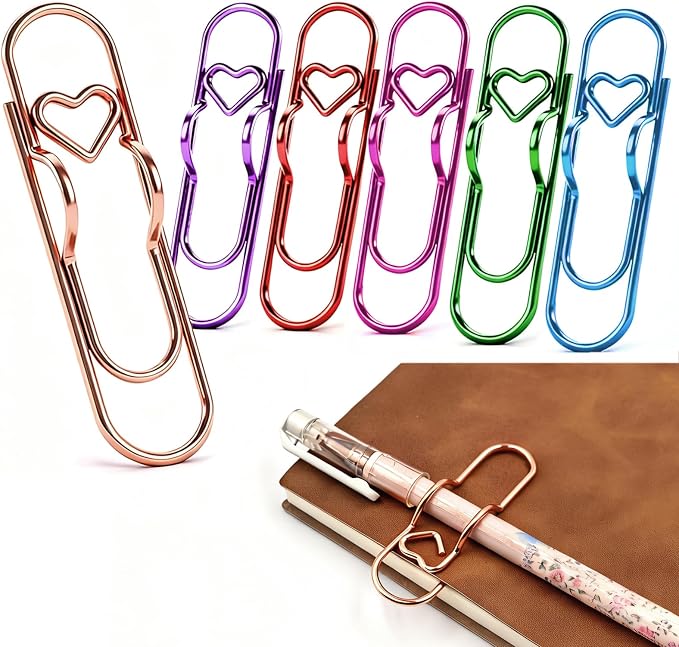 Metal Heart Pen Holder Paper Clip, 18 Pack Notebook & Journal Accessories | Fits pens up to 0.5", six metallic colors for notebooks, journals, planners, and clipboards