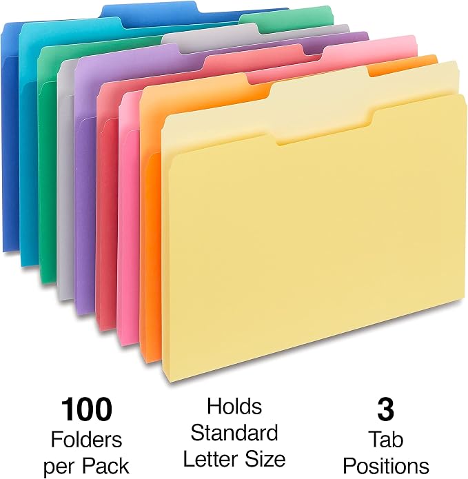 Staples File Folders, Letter Size, 1/3‑Cut Tabs, Assorted Colors, Durable Paper Stock, 200/Carton