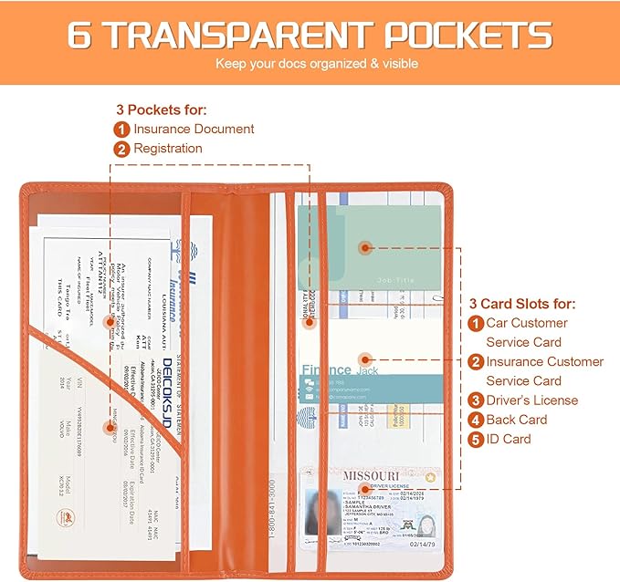 JUSTTOP 2Pack Car Registration and Insurance Holder,Car Document Holder for Cards License with Magnetic Shut,Vehicle Glove Box Car Organizer for Documents, Cards, License(Orange)