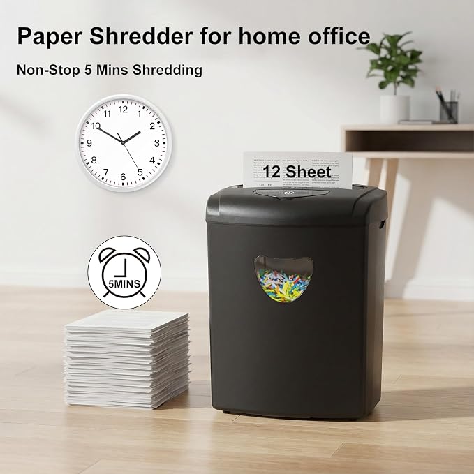 Woolsche 12-Sheet Cross Cut Paper Shredder with Large 5.55-Gallon Basket - P-4 Security, 3-Mode Shred for Cards/CDs/Staples/Clips - Jam Proof System for Office (ETL Certified)