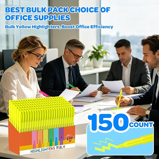 150 Count Yellow Highlighters Bulk - Chisel Tip, Quick Dry, Fluorescent Yellow, School Supplies for Students and Teachers, No Bleed Markers Set for Notes, Textbooks, Classroom and Office Use