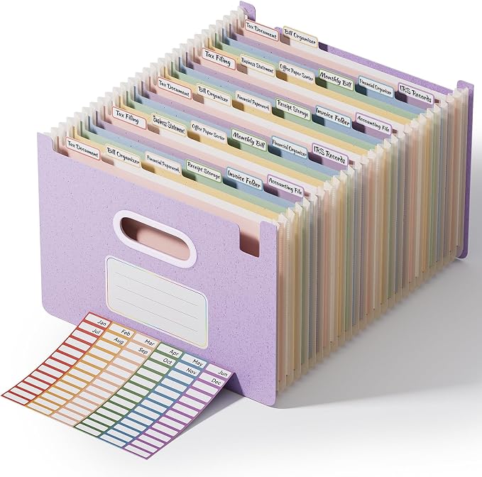 ThinkTex 26-Pocket Accordion File Organizer, Upright Open Top, Letter/A4 | Large Capacity Wheat Straw File Folders, File Organizer for Taxes, Bills, Medical Records, School, Office-Lavender Purple
