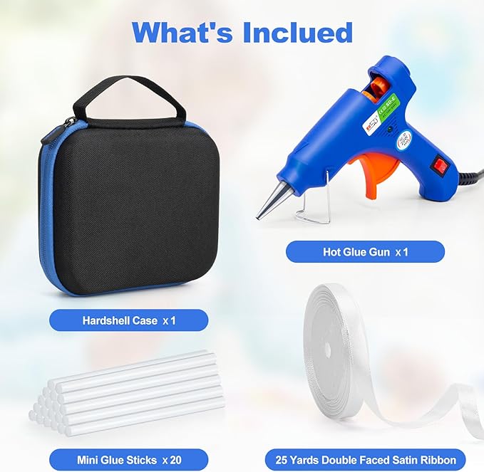 Hot Glue Gun Kit with 20 Glue Sticks and Double Faced White Ribbon, 3/8" x Continuous 25 Yards, Hard Shell Carrying Case, White Satin Ribbon Use for Bows Bouquet,Balloons,Gift Wrap,Floral Arrangement