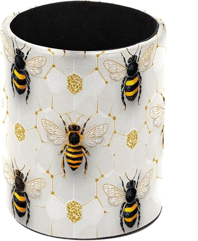 Leather Pen Holder for Desk, Honeycomb Bee Pencil Cup Pen Organizer Makeup Brush Holder for Office Home Kids Countertop Desk Accessory Storage