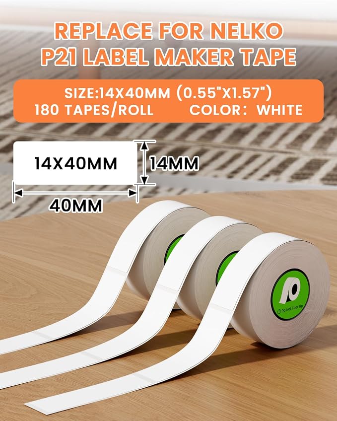6 Replace for Nelko P21,NDYIN N12 Label Tape | Compatible with Nelko P21,ORGSTA S001,ORGBRO X1,NDYIN N12 Label Maker Tape, 14x40mm (0.55"x1.57") , 180 Labels/Roll, White