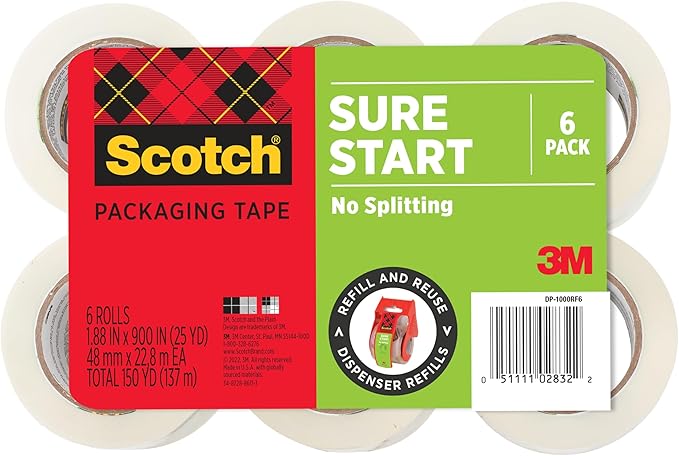 Scotch Sure Start Packing Tape, Clear, Quiet Unwind and Easy Start, 1.88 in. x 25 yd., 6 Tape Rolls, Designed for Packing, Shipping and Mailing, No Splitting or Tearing, 1.5" Core, Packaging May Vary