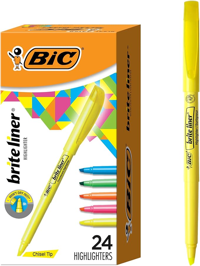 BIC Brite Liner Highlighter Set, Chisel Tip, 24-Count Pack, Assorted Colors
