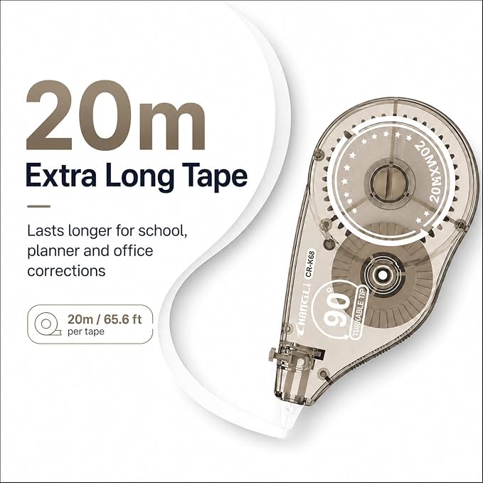 White Correction Tape, 6 Pack, 20m/65.6 Ft, 90° Rotating Tip | Extra Long Aesthetic Correction Tape for School Notes, Planners And Office Forms; Privacy Pattern Core Helps Cover Writing.