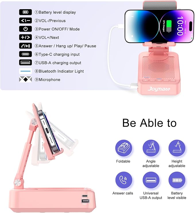 Gifts for Women Girls, Phone Stand with Bluetooth Speaker and Charging Function 360° Rotable Angle Adjustable Cell Phone Holder with HD Stereo Sound Fits All Phones,Tablet (Pink)