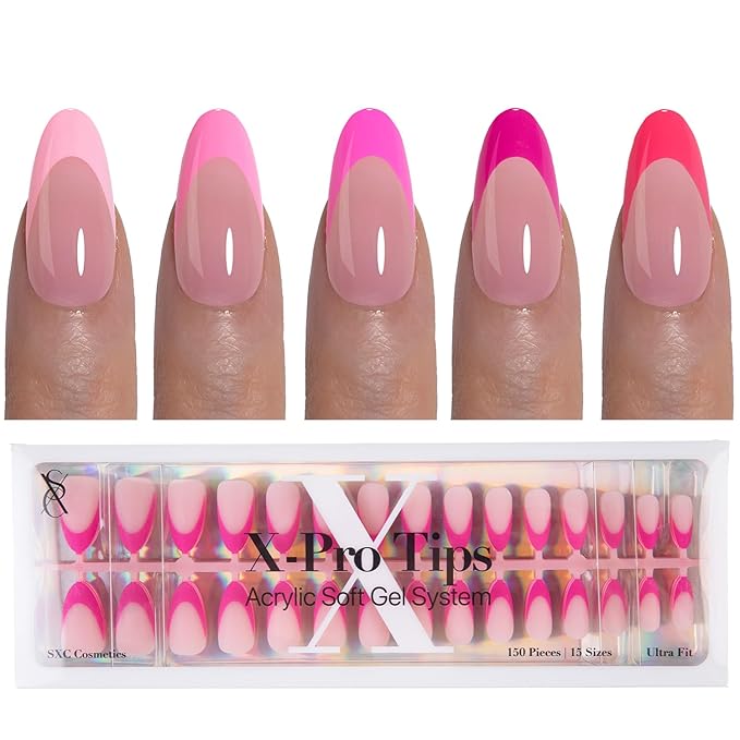 SXC Cosmetics French Tip Press On Nails 150 Pieces in 15 Sizes Ultra Fit with Pre-applied Tip Primer and Base Coat, No Need to File Fake Nails for Nail Art DIY X-Pro Tips (5PINK115-M Almond)