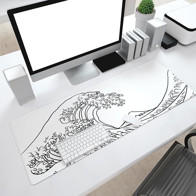 Ovenbird Gaming Mouse Pad with Stitched Edges, Japanese Wave White Extended XL Mousepad with Anti-Slip Base, Cool Large Mouse Pad for Desk, 31.5 x 11.8 in, White