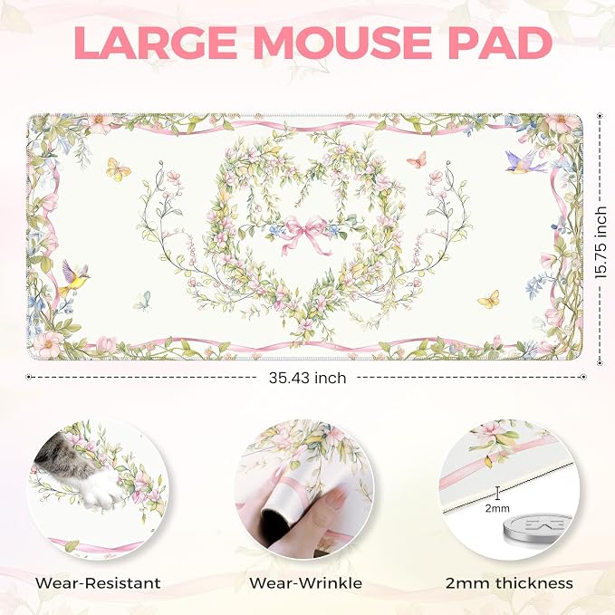 iCasso Desk Matt for Desktop,Cute Desk Pad,White | Anti-Slip Large Gaming Mousepad,Soft Lycra Surface Computer Mat Women, Girly Keyboard Pad for Home Office
