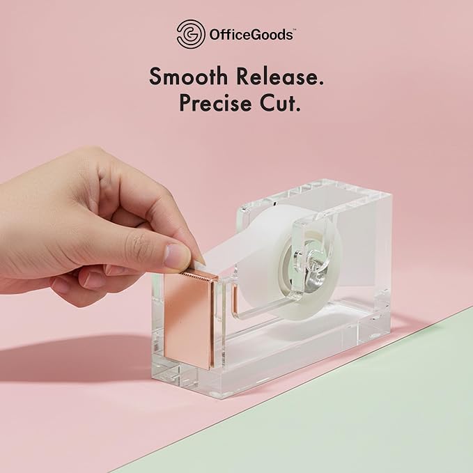 OfficeGoods Acrylic Tape Dispenser, Aesthetic and Compact Design, Rose Gold | Modern desk accessory for office, Heavy duty refillable tape holder for crafting, Stylish desktop accessory for gift wrapping