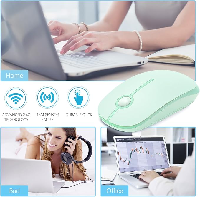 VssoPlor Wireless Mouse, 2.4G Slim Computer Laptop Mouse, Light Green | Portable Mouse, Plug & Play USB Nano Receiver, Quiet Silent Optical Mice for Notebook, PC, Laptop, Computer, Windows, Mac